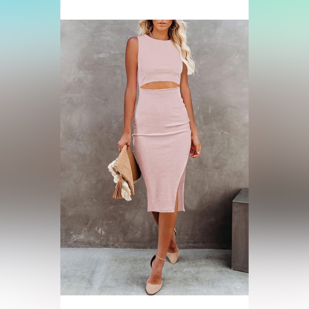Amazon Pink Crew Neck Cutout Midi Dress